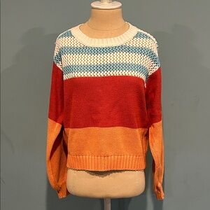 American Eagle Striped Open Weave Sweater XS Orange White Blue Crew Neck